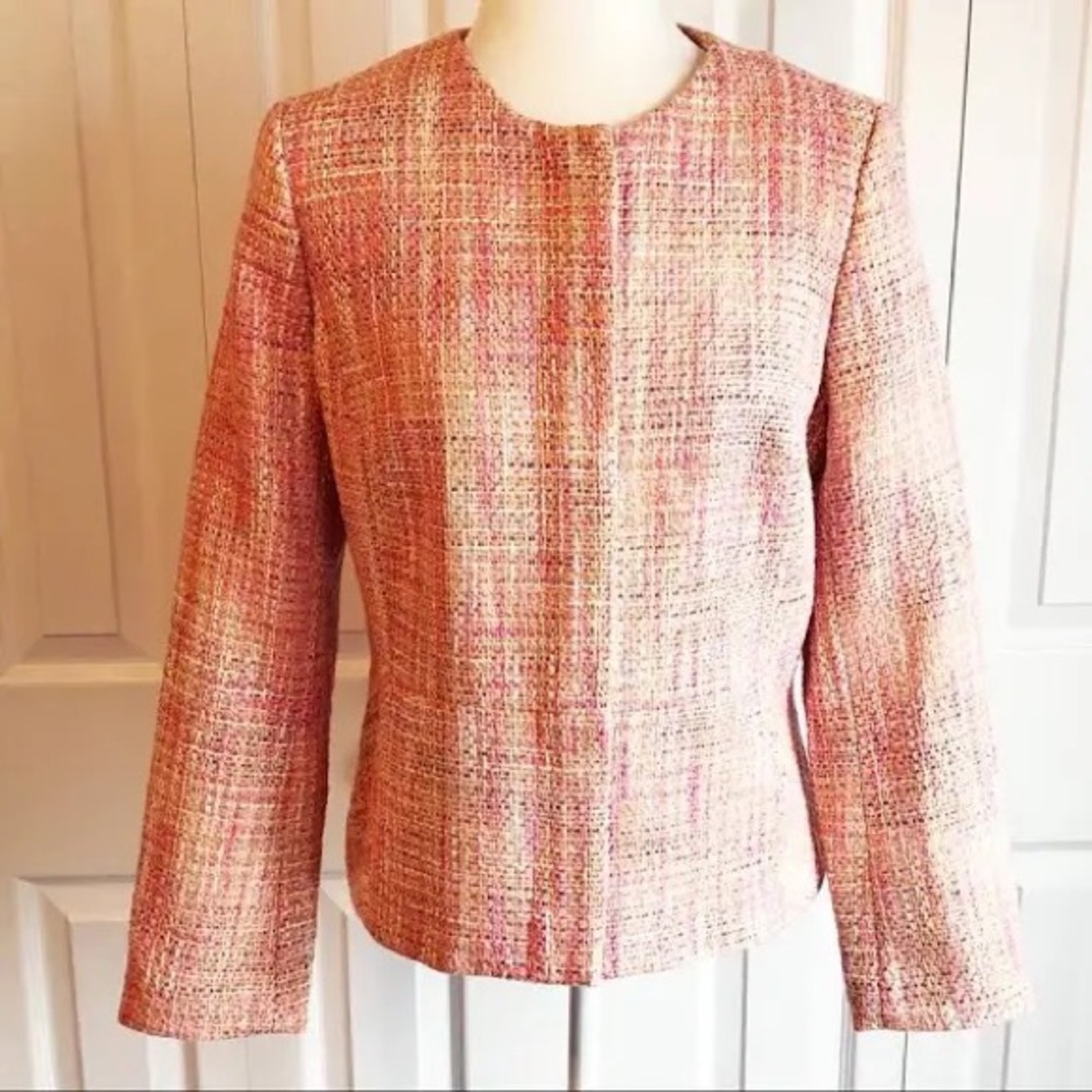 Talbots tweed pink and orange zipper blazer